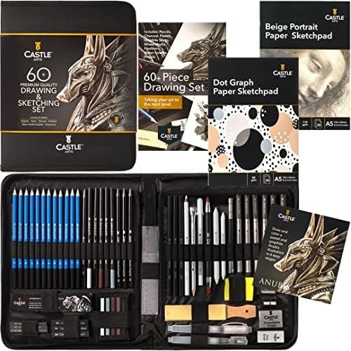 Набор для рисования и набросков Castle Art Supplies из 60 предметов | Графитовые, угольные, пастельные, водорастворимые карандаши и фломастеры Castle Art Supplies