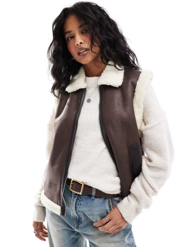 ONLY aviator shearling vest in brown  Only