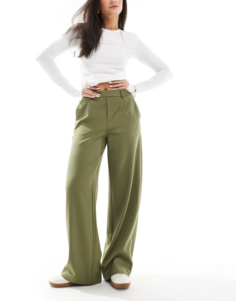 Object wide leg tailored pants in olive green Object