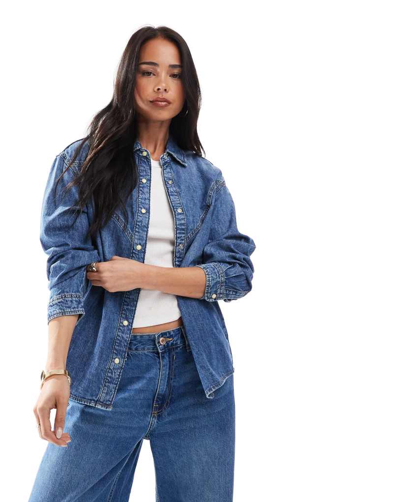 ONLY western detail denim shirt in mid blue Only