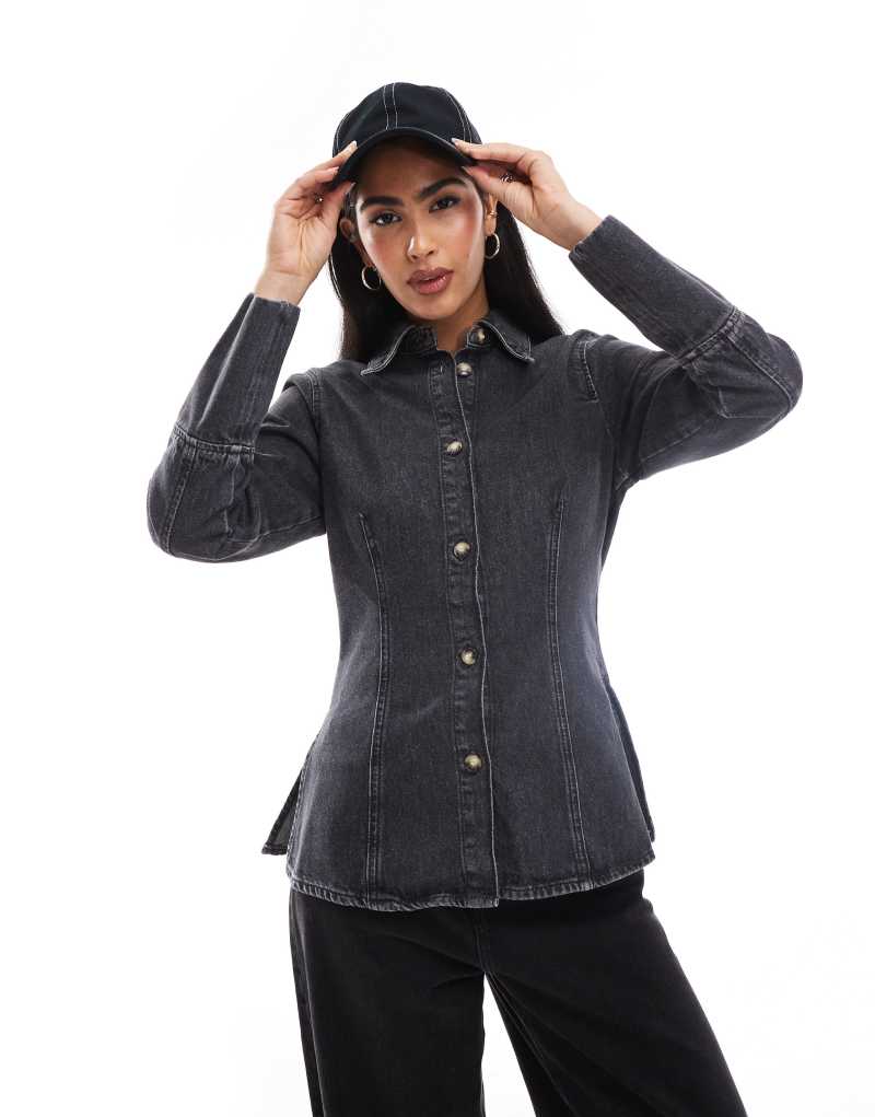 ONLY fitted denim shirt in washed black Only