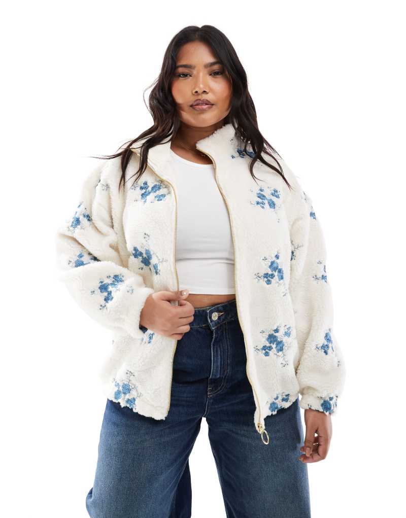 ONLY Curve zip up teddy embroidered jacket in cream Only