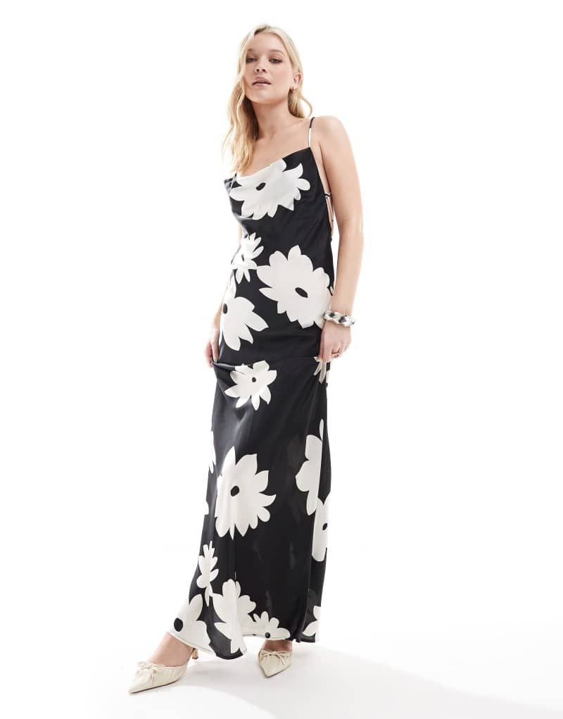 Object satin low cross back maxi dress in black flower print Object