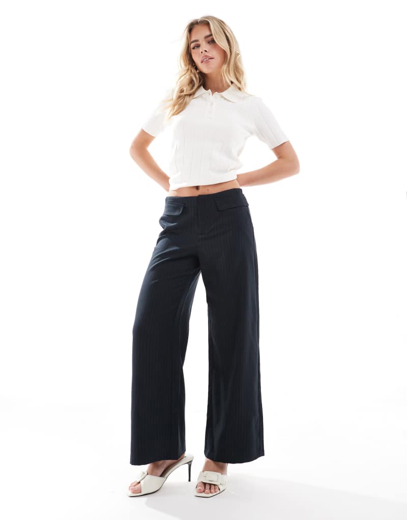 ONLY Petite wide leg pants with pocket detail in navy pinstripe Only