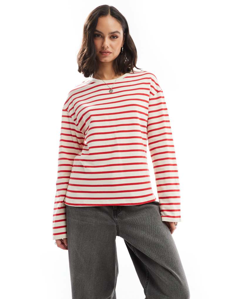 ONLY long sleeve stripe t-shirt in cream & red stripe Only