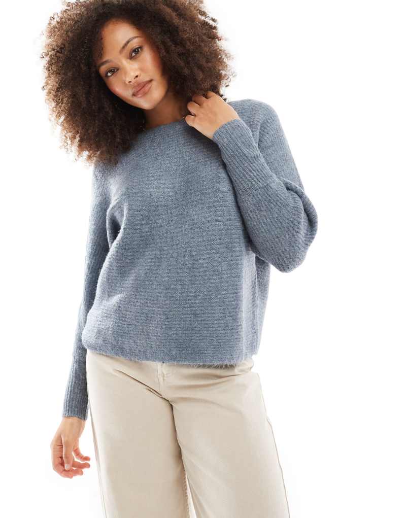 ONLY ribbed wide neck knitted sweater in light blue  Only