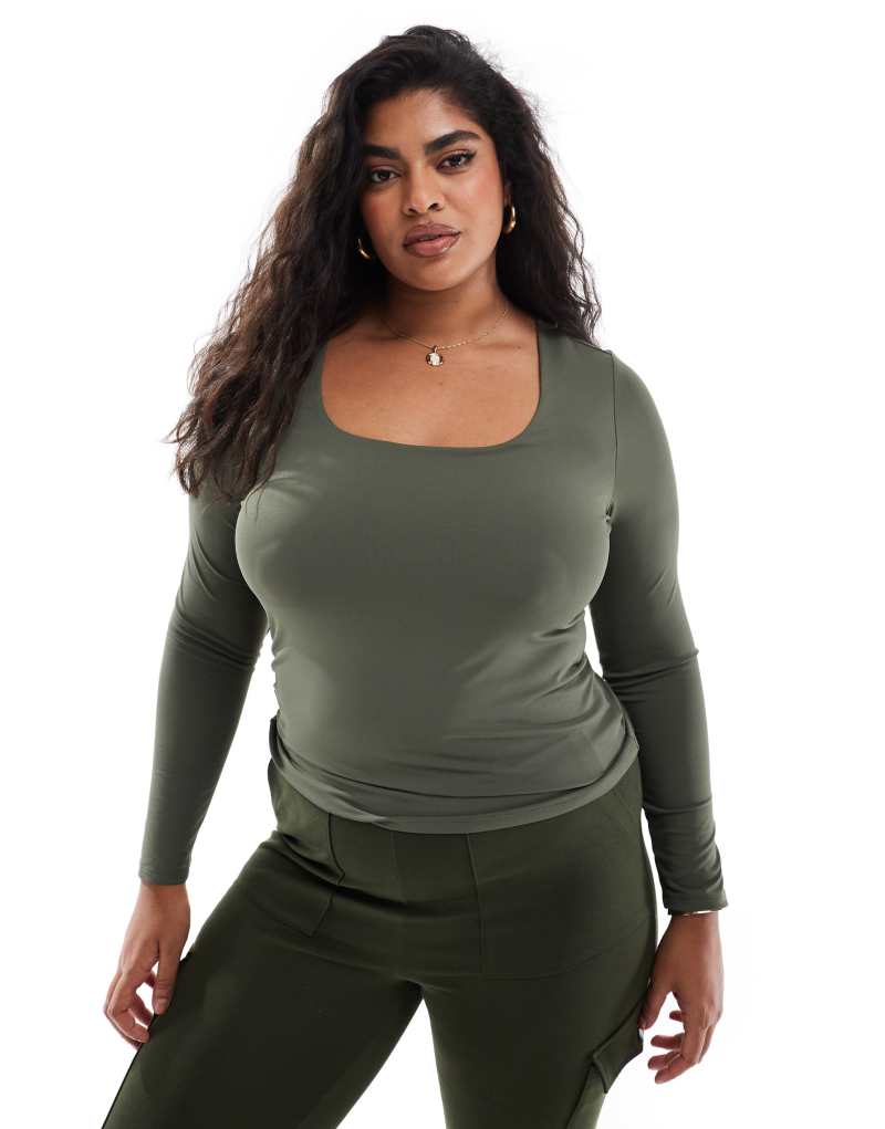 ONLY Curve 2 way long sleeve square neck top in dark green Only