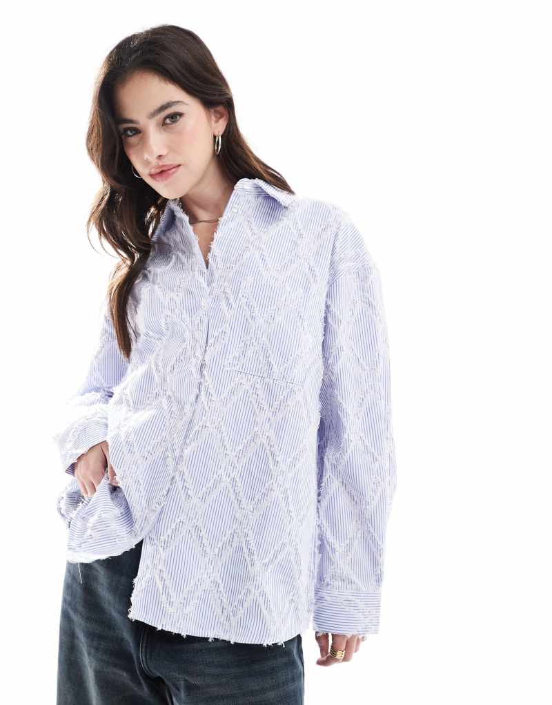 ONLY oversized shirt with eyelash detail in blue stripe Only