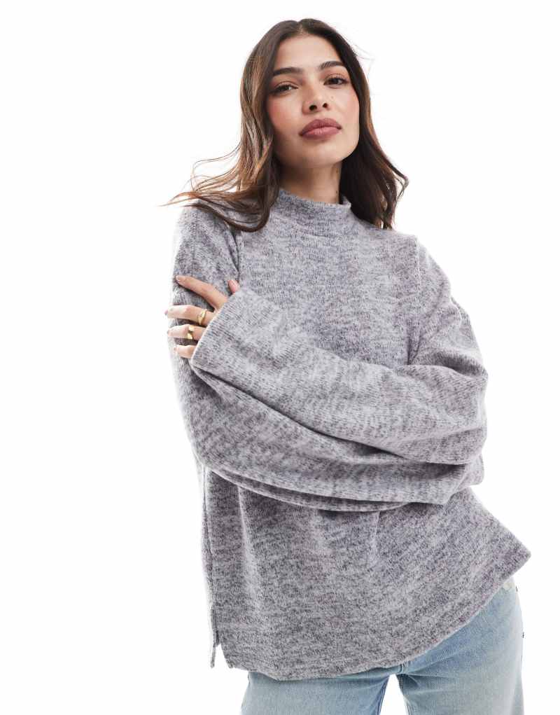 ONLY high neck fluffy slouchy sweatshirt in gray  Only