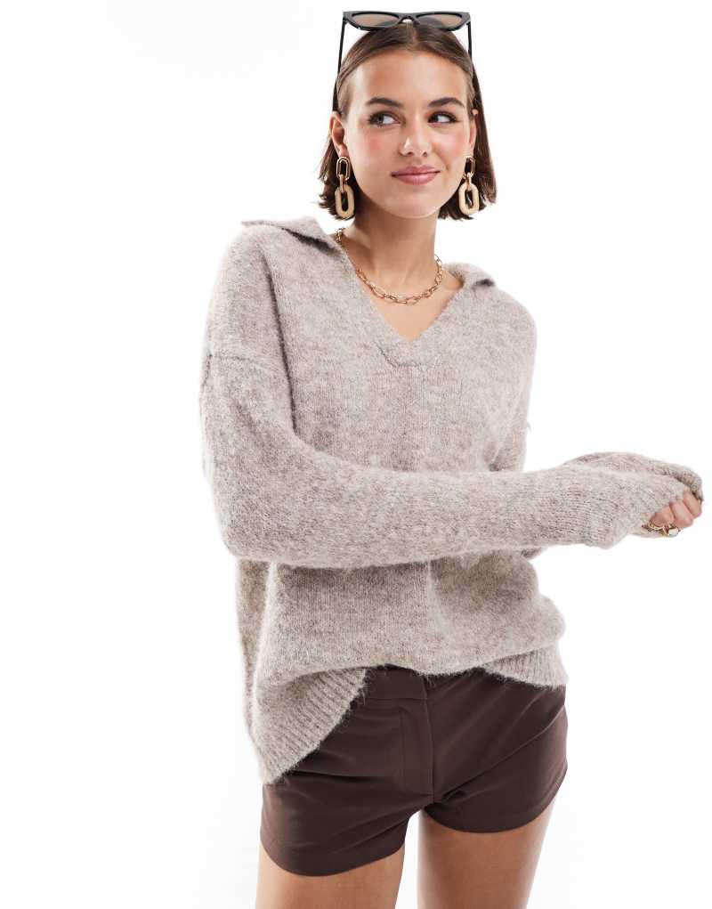 ONLY split neck sweater in beige melange  Only