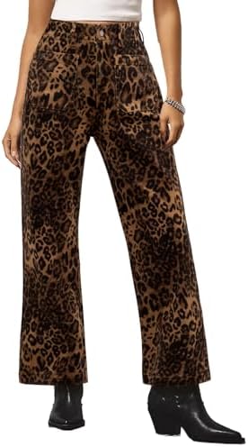 Kedera Women's Leopard Printed Straight Jeans Front Pocket Straight Jeans Casual Boyfriend Ankle Denim Pants Kedera