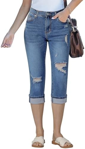 Vetinee Capri Jeans for Women Skinny High Waisted Distressed Stretchy Denim Capris Pants Ripped Trousers Jeans Jeggings Vetinee