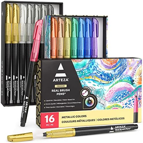 ARTEZA Metallic Markers, 16 Real Brush Pens, Blendable Watercolor Pens with Liquid Ink, Paint Marker Set for Artists ARTEZA