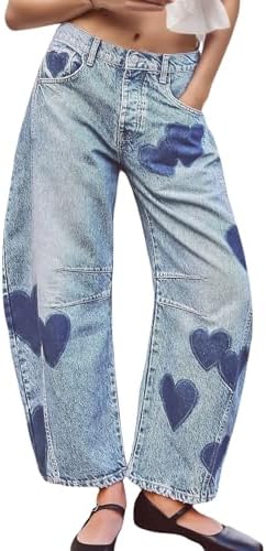 LifeShe Women's Wide Leg Baggy Jeans Low Waist Heart Barrel Loose Jean Valentine's Day Denim Pants LifeShe