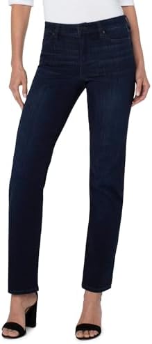 Liverpool Los Angeles Women's Petite Kennedy Straight Mid-Rise Silky Soft Dual FX Denim, Halifax, Size: 8, Inseam: 30 Liverpool