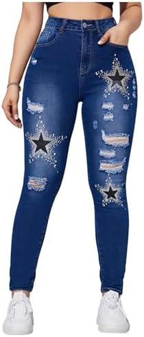 Kedera Women's High Waisted Ripped Jeans Rhinestone Star Printed Butt Lifting Skinny Stretch Jeans Denim Pants Kedera