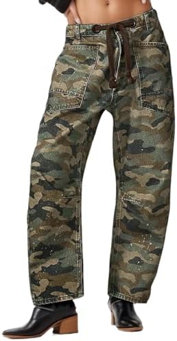 Kedera Barrel Jeans for Women Mid Rise Camo Pants Wide Leg Graphic Trousers Baggy Boyfriend Denim Pants with Pockets Kedera