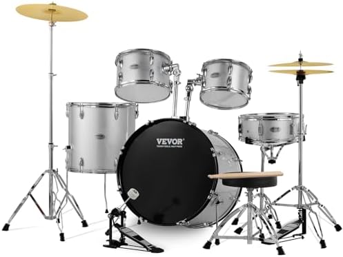 VEVOR Adult Drum Set, 5-Piece 22 inches Complete Full Size Drum Kit with Bass Toms Snare Floor Drum, Adjustable Throne Stands Cymbal Hi-Hat Pedal and Drumsticks, Beginner Drum Kit for Adults, Silver Vevor