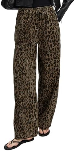 Kedera Women's Leopard Print Jeans Baggy Wide Leg Trousers Mid Rise Y2K Jeans Loose Elastic Waist Drawstring Pants Kedera