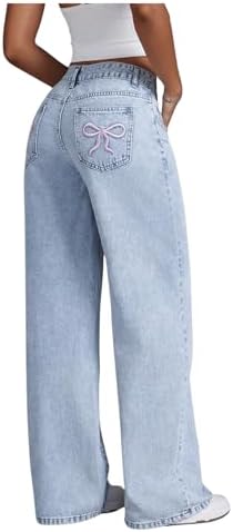 Floerns Women's Bowknot Embroidery Jeans Y2k Straight Leg Boyfriend Denim Pants Floerns