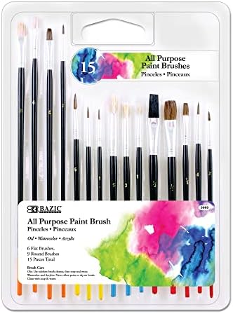 BAZIC Paint Brushes Set Flat & Round Natural Hair & Bristle Brush, Paintbrushes for Acrylic Oil Watercolor Gouache Art Painting (15/Pack), 1 Unit Random Color Will BE Sent Bazic Products