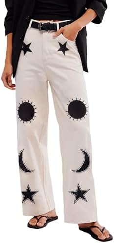 Kedera Women's Causal Star Embroidered Denim Pants Vintage Boyfriend Barrel Jeans Wide Leg Baggy Pants Y2k Kedera