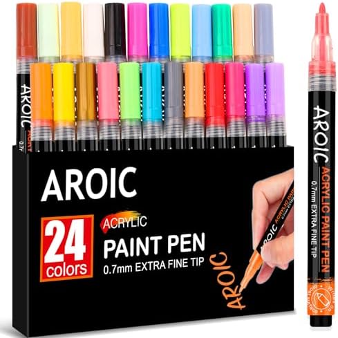 AROIC 24 Pack Acrylic Paint Pens for Rock Painting Fine Point Paint Markers Acrylic Paint Markers For Wood,Metal,Plastic,Glass,Canvas, Ceramic,Craft markers,Halloween Pumpkin Painting And More. AROIC