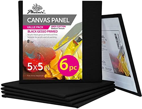 PHOENIX Black Canvas Boards for Painting - 4x4 Inch, 6 Pack - Mini Square Canvases Gesso Primed Cotton Acid Free, Blank Flat Canvas Panel for Acrylic, Oil, Tempera, Metallic, Neon Paints & Crafts Phoenix