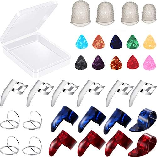 34 Pieces Guitar Accessory Kit Including 18 Pieces Finger Picks Thumb Picks, 12 Pieces Guitar Picks and 4 Pieces Guitar Finger Protectors with Clear Storage Box Boao