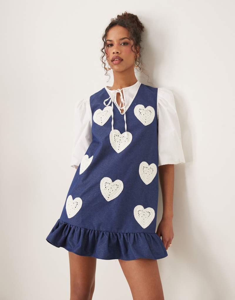 Sister Jane heart embroidered mini dress in denim blue Sister jane