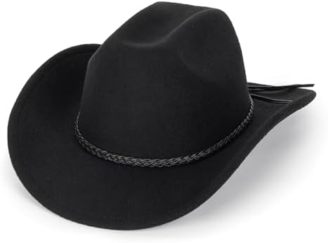 Retro Western Cowboy Hat for Men Women, Wide Brim Felt Cowgirl Fedora Hats with Braided Rope Band M Cxqrr