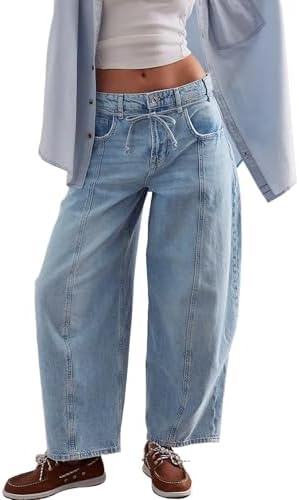 LifeShe Wide Leg Jeans Woman Mid Rise Baggy Jeans Loose Boyfriend Barrel Denim Pants with Drawstring LifeShe