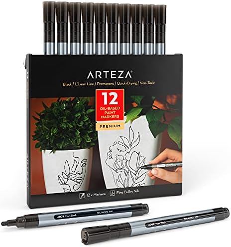 ARTEZA Oil Based Paint Markers, 12-Pack Black, 1.3 mm Permanent Pens, Waterproof Craft and Art Supplies for Stone, Wood, Glass, Metal, Canvas, Paper ARTEZA