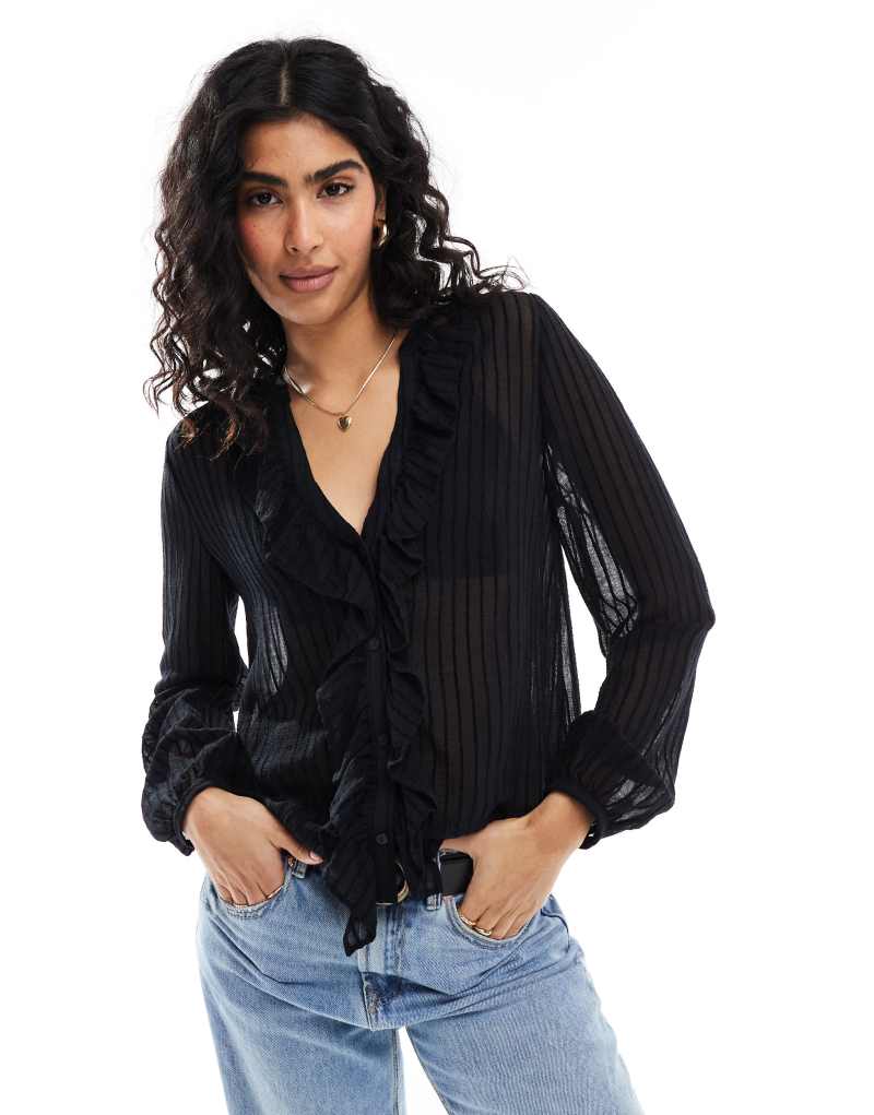 Stradivarius frill detail blouse in black Stradivarius