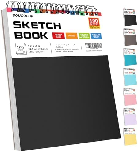 Soucolor School Supplies 9" x 12" Sketch Book for High College Teacher Student, 1-Pack 100 Sheets Spiral Bound Art Sketchbook, Acid Free (68lb/100gsm) Artist Blank Book for Kids, Back to School Stuff Soucolor