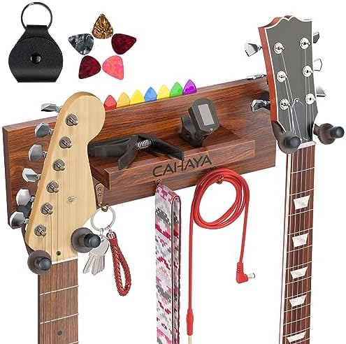 CAHAYA Guitar Wall Mount Hanger with Shelf and Pick Holder Rotatable Rubber Hooks Take 2 Guitars for Acoustic Electric Bass Violin Banjo Mandolin Ukulele CY0298 CAHAYA