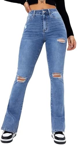 Floerns Women's Flare leg Ripped Frayed Split Hem High Waist Denim Jeans Floerns