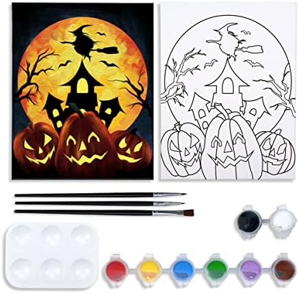 VOCHIC Canvas Painting Kit Pre Drawn Canvas for Paint Adult Halloween Pumpkin Witch Painting Party Kits Paint and Sip Party Supplies 8 Acrylic Colors,3 Brush, 1 Pallet Art Set 8 x 10 Paint Art Set VOCHIC