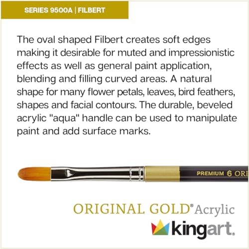 KINGART Premium Original Gold 9500A-2 Filbert Series Artist Brush, Golden Taklon Synthetic Hair, Short Acrylic Handle, for Acrylic, Watercolor, Oil and Gouache Painting, Size 2 Kingart