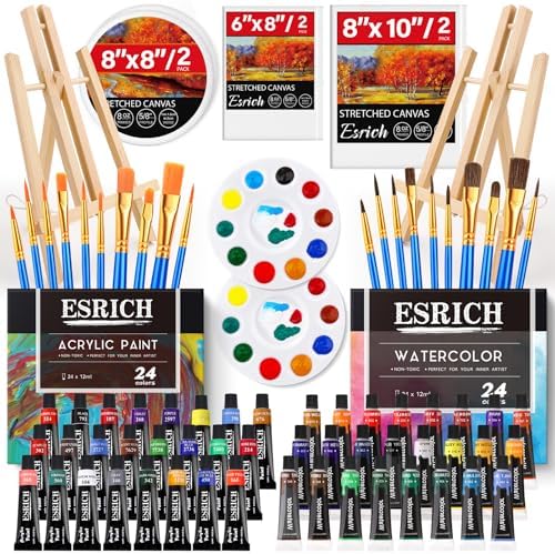 ESRICH 78PCS Acrylic Paint Canvas Set, Watercolor Paint Set, Acrylic Paint Set with 2 Set of Wood Easel, Paint Brushes, Canvases, Art Painting Supplies Kit for Kids,Students, Artists and Beginne ESRICH