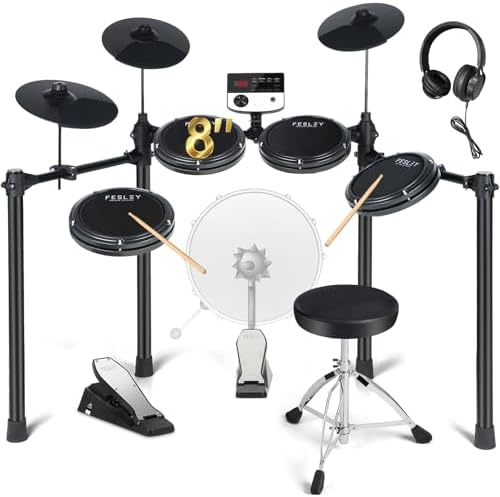 Fesley Electric Drum Set: 5 Drums 3 Cymbals with 4 Quiet Mesh Drum Pads, Electronic Drum Set for Beginner Adult, E Drum Kit with Drum Throne, Headphone, Drumsticks, USB MIDI, Intelligent Sound Module Fesley