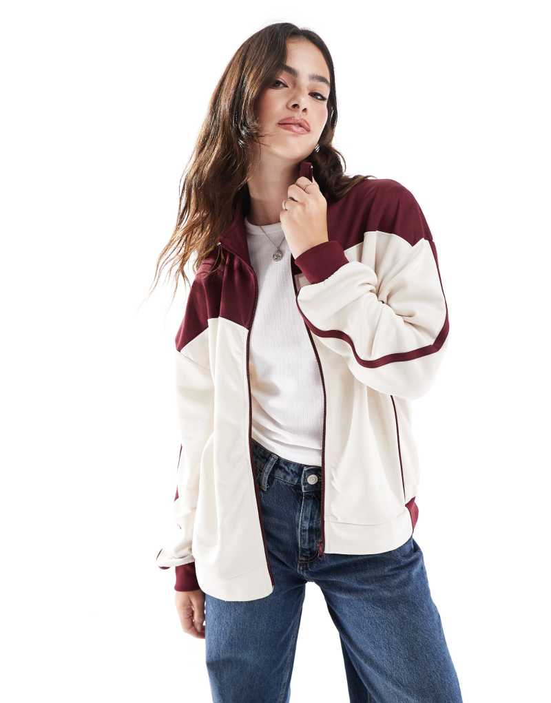 Stradivarius STR track jacket in cream and burgundy Stradivarius