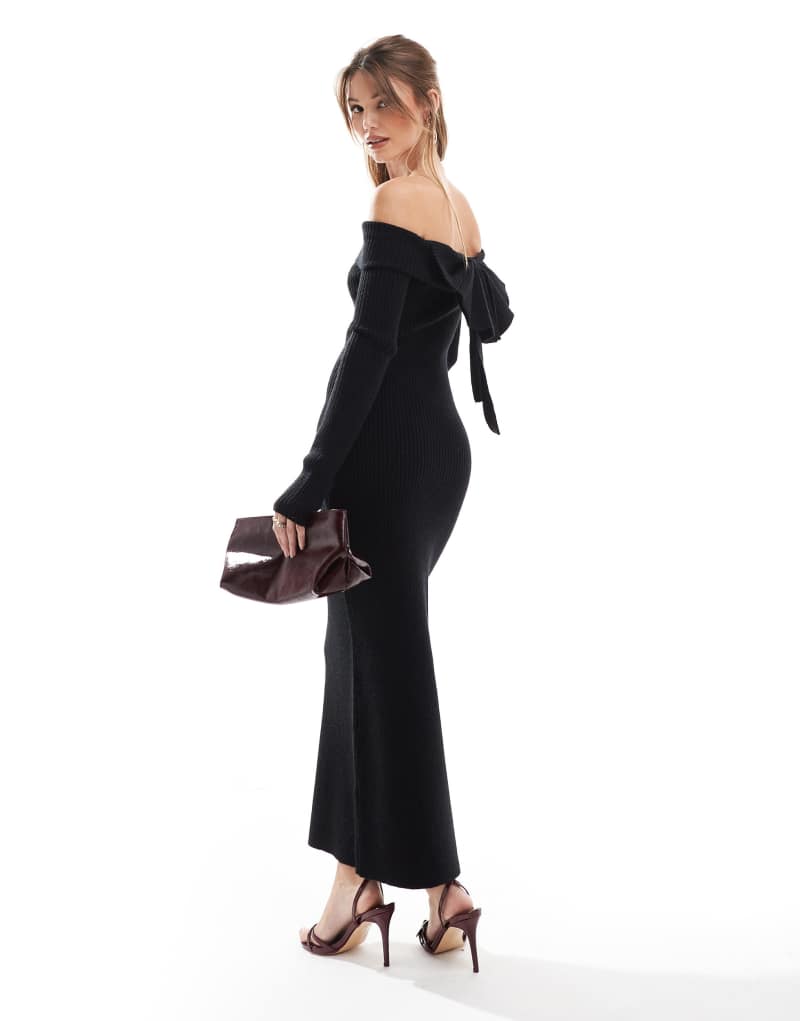 The Frolic exclusive knit off the shoulder bow back detail maxi dress in black  The Frolic