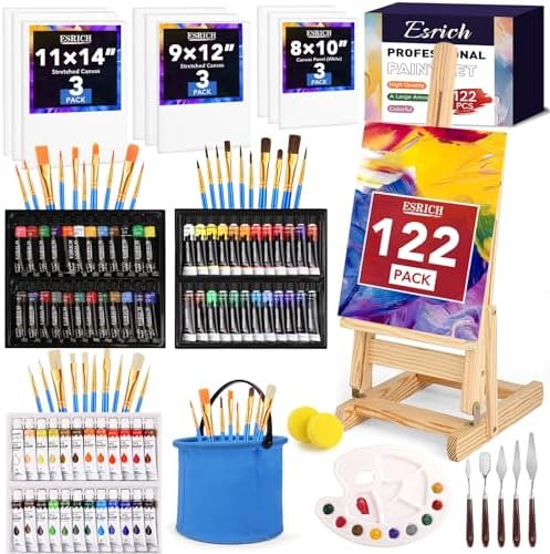 122PCS Professional Painting Set,Art Painting Supplies Kit,Canvas Painting Kit with Tabletop Wooden Easel,72Colors(Acrylic Paint Set,Watercolor,Oil) Brushes, Canvases,Painting Set for Kids Adults ESRICH