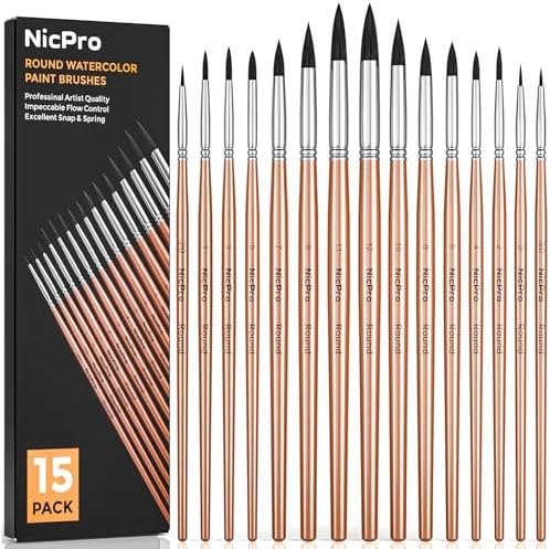 Nicpro 15 PCS Round Watercolor Detail Paint Brushes, Professional Soft Synthetic Squirrel Watercolor Brushes Artist Paint Brush Set for Water Color Painting, Oil, Model, Gouache, Ink Nicpro