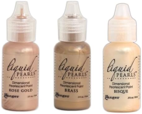 Ranger Ink Liquid Pearls Dimensional Pearlescent Paint, Rose Gold, Brass, Bisque, 3 Bottles Ranger