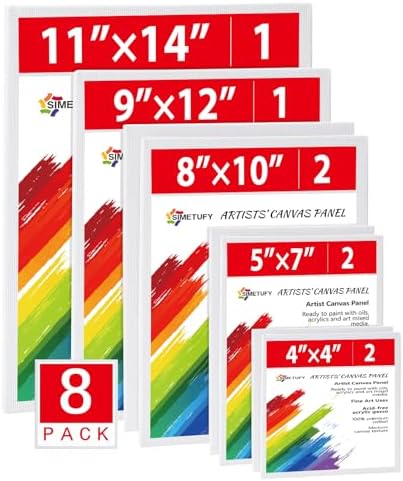 Simetufy 8 Pack Canvas Boards for Painting Multi-Size Paint Canvas Panels Set 4x4, 5x7, 8x10, 9x12, 11x14 Inches Pre-Primed 100% Cotton for Oil Acrylic Paint for Kids Beginners Simetufy