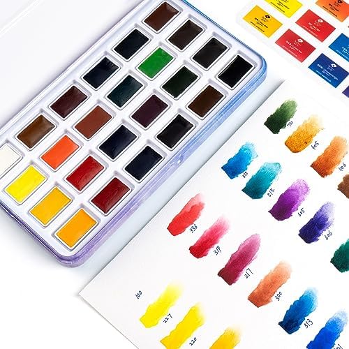 Paul Rubens Watercolor Paint Set Full Pan, 24 Vivid Colors Water Coloring Paint in Pocket Box with Metal Ring, High Transparency Intense and Durable, No Chalky, Perfect for Students, Kids, Beginners Paul Rubens