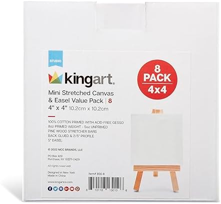 KINGART 856-8 White Mini 4" x 4" Stretched Artist Canvas w/Display Easels, Value Pack 8 Each. Square Canvases & Wood Easels, Gesso Primed - 100% Cotton, Art Supplies for Oil and Acrylic Painting Kingart