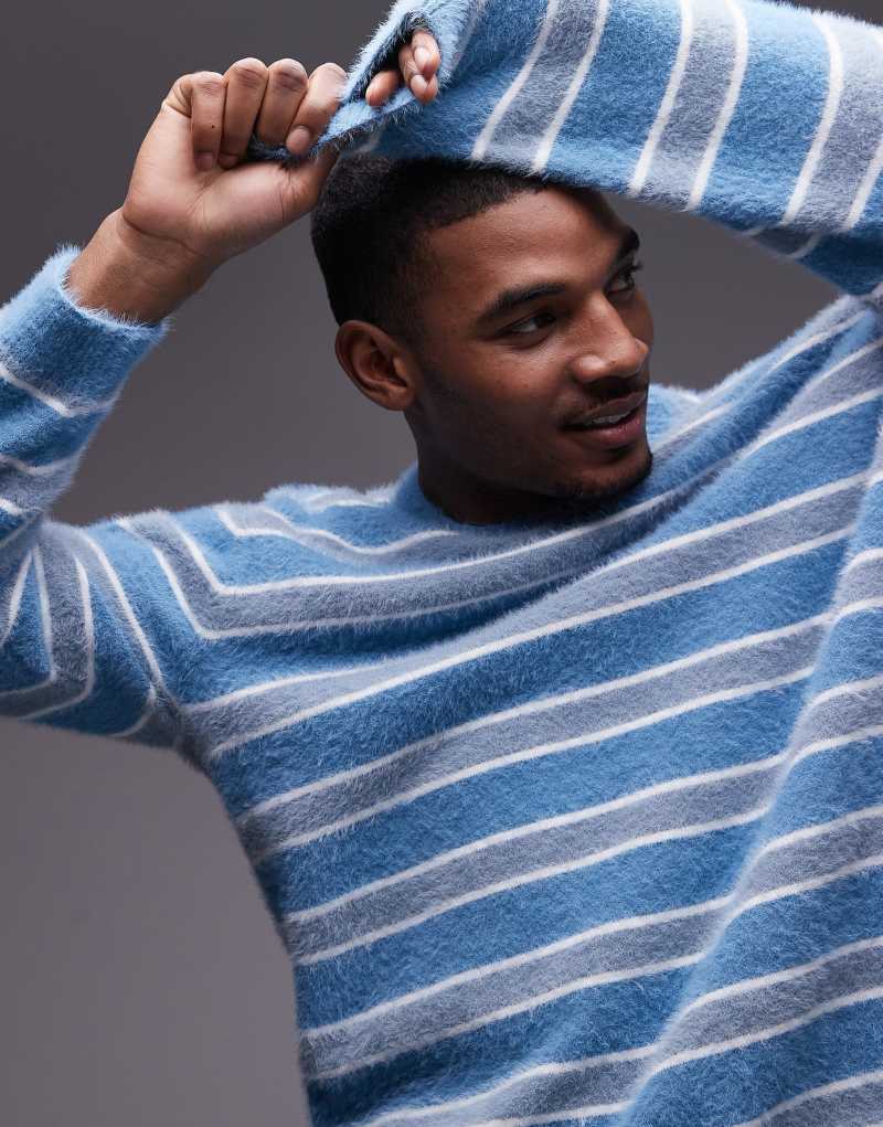 Topman relaxed fit brushed sweater in blue and white stripe Topman